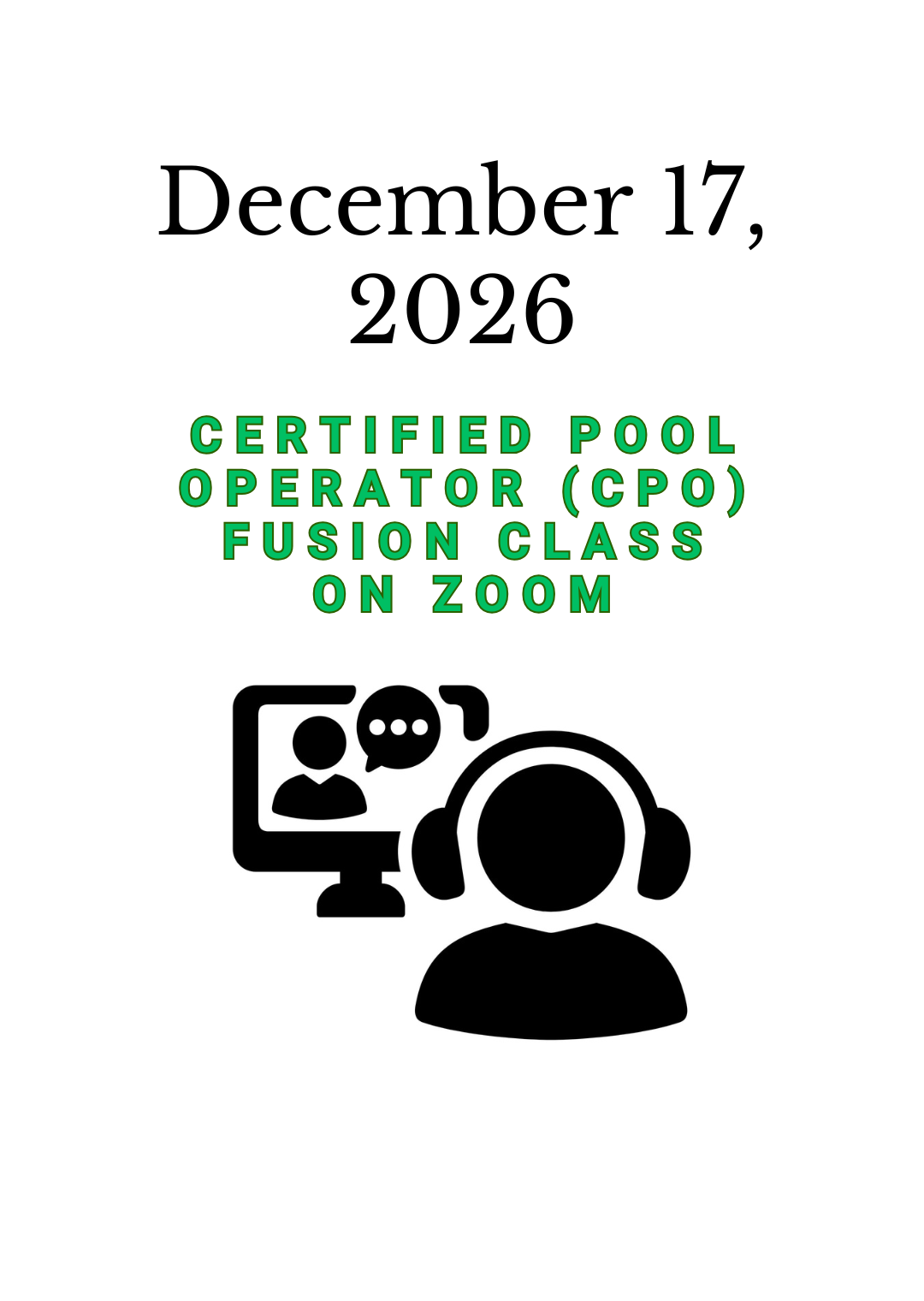 December 17, 2026 PHTA Certified Pool Operator (CPO) Fusion class on Zoom