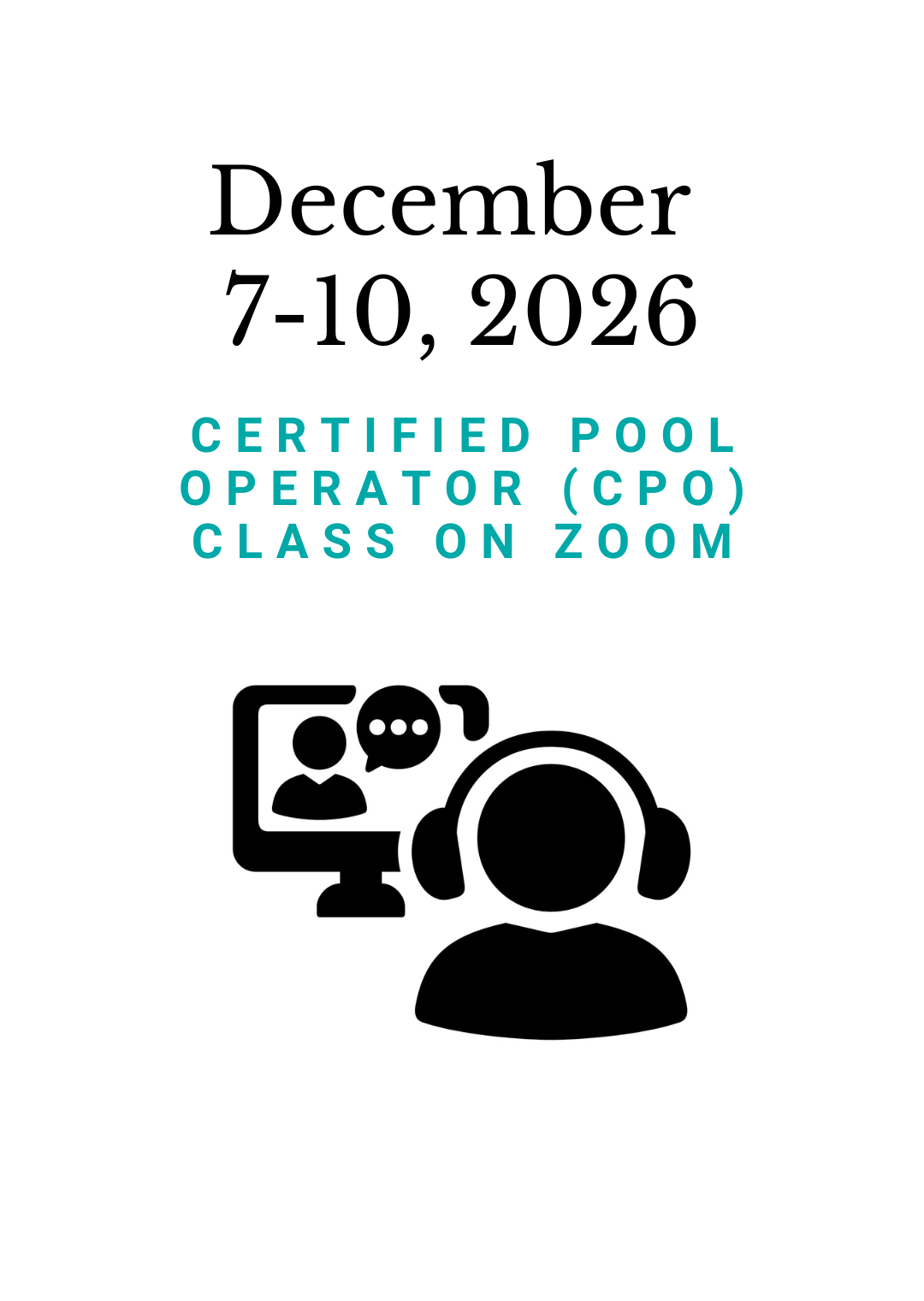 December 7-10, 2026 PHTA Certified Pool Operator (CPO) class on Zoom