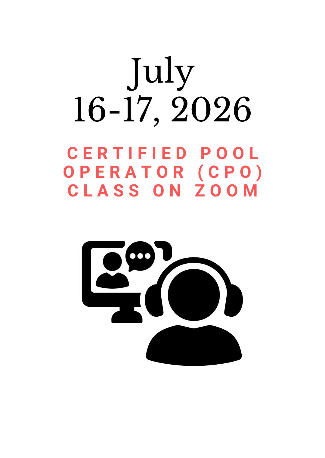 July 16-17, 2026 PHTA Certified Pool Operator (CPO) class on Zoom
