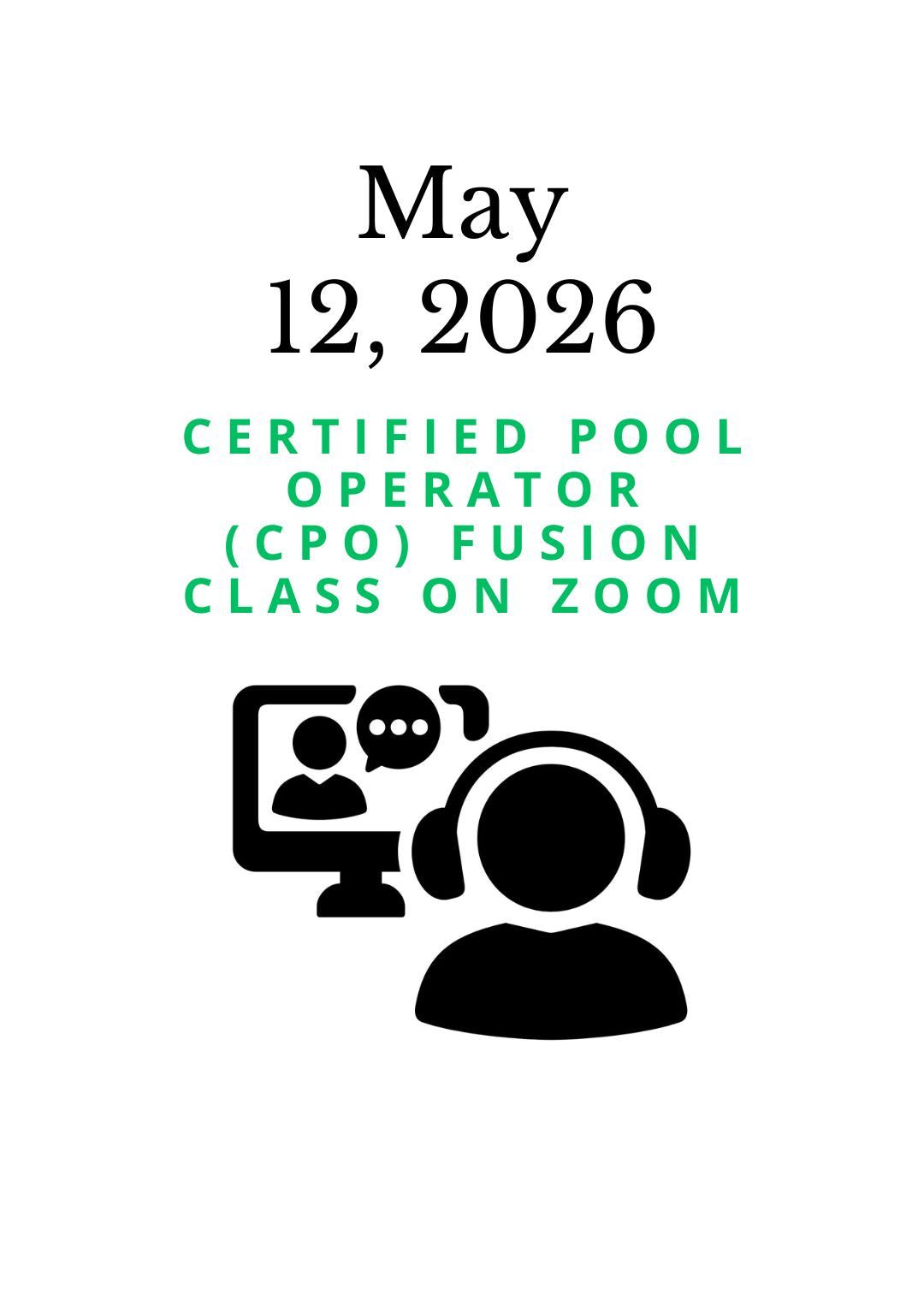 May 12, 2026 PHTA Certified Pool Operator (CPO) Fusion class on Zoom