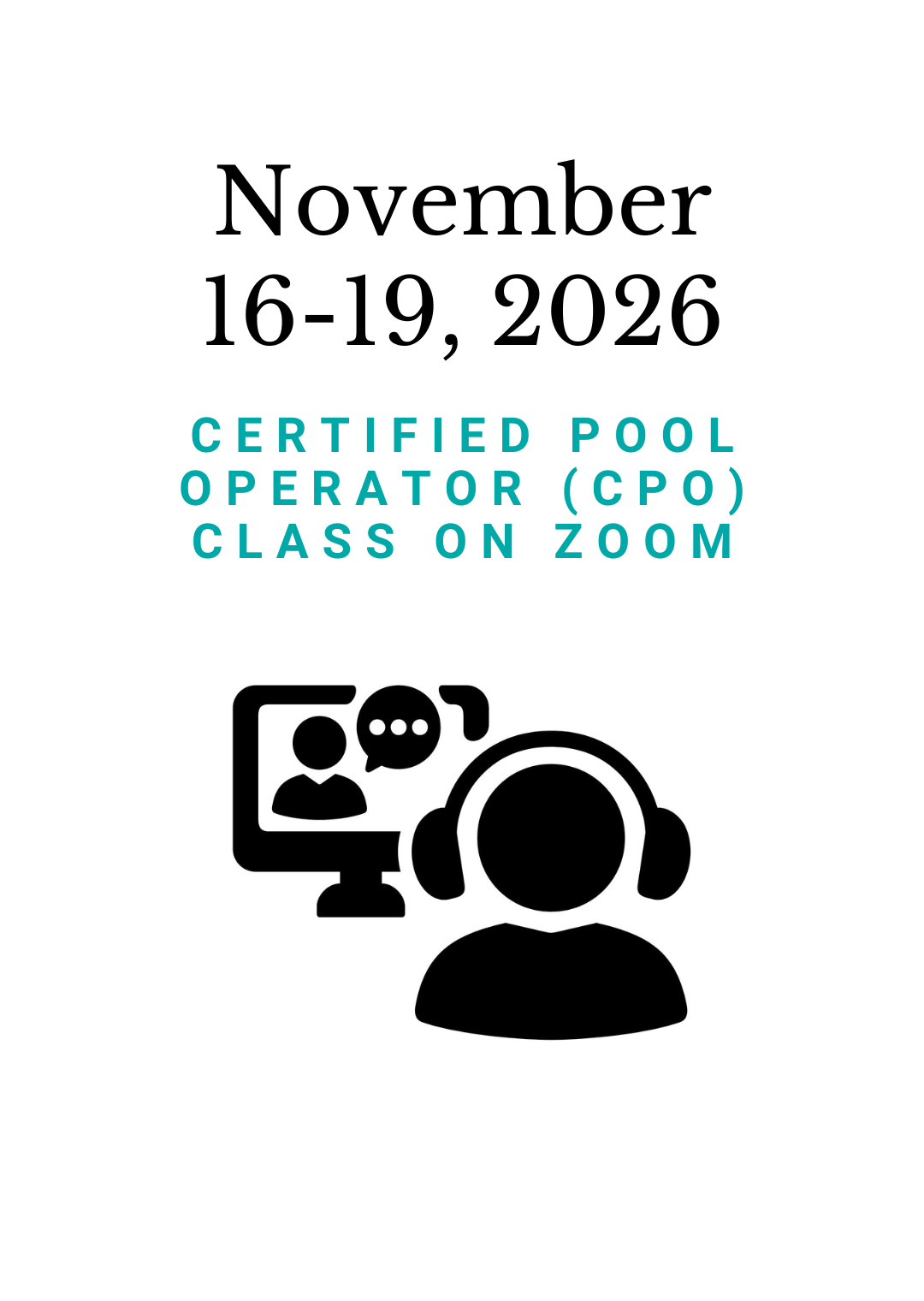 November 16-19, 2026 PHTA Certified Pool Operator (CPO) class on Zoom