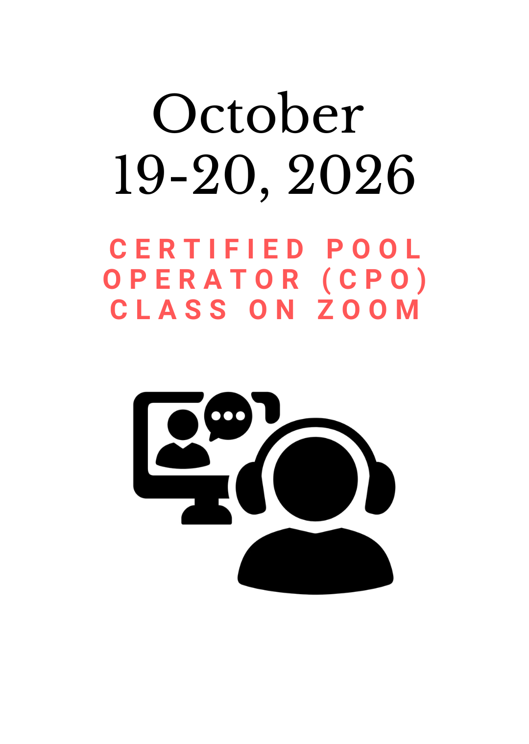 October 19-20, 2026 PHTA Certified Pool Operator (CPO) class on Zoom