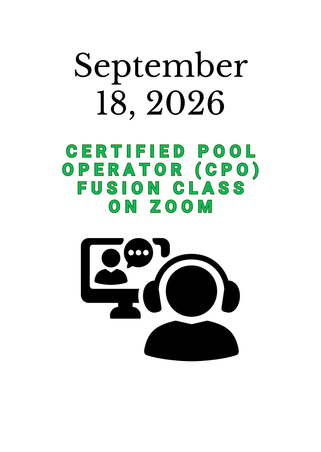September 18, 2026 PHTA Certified Pool Operator (CPO) Fusion class on Zoom